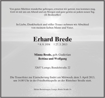 Anzeige  Erhard Brede  Lippische Landes-Zeitung