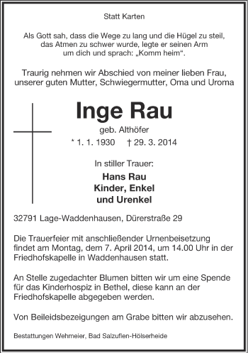 Anzeige  Inge Rau  Lippische Landes-Zeitung