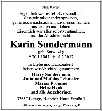 Anzeige  Karin Sundermann  Lippische Landes-Zeitung