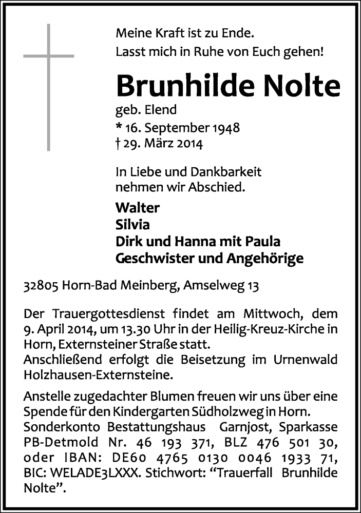  Traueranzeige für Brunhilde Nolte vom 02.04.2014 aus Lippische Landes-Zeitung