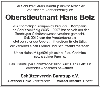 Anzeige  Hans Belz  Lippische Landes-Zeitung