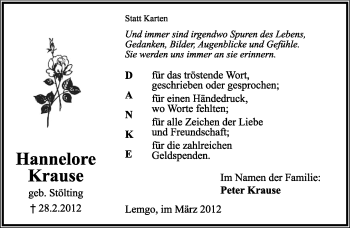 Anzeige  Hannelore Krause  Lippische Landes-Zeitung