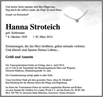 Anzeige  Hanna Stroteich  Lippische Landes-Zeitung