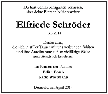 Anzeige  Elfriede Schröder  Lippische Landes-Zeitung