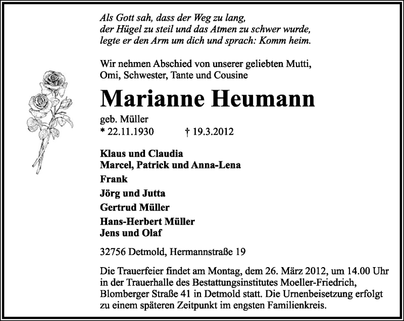  Traueranzeige für Marianne Heumann vom 22.03.2012 aus Lippische Landes-Zeitung