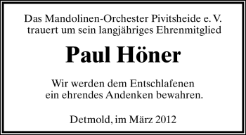 Anzeige  Paul Höner  Lippische Landes-Zeitung