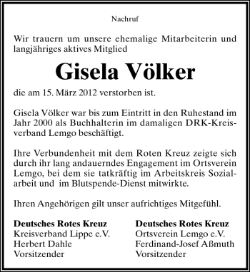 Anzeige  Gisela Völker  Lippische Landes-Zeitung