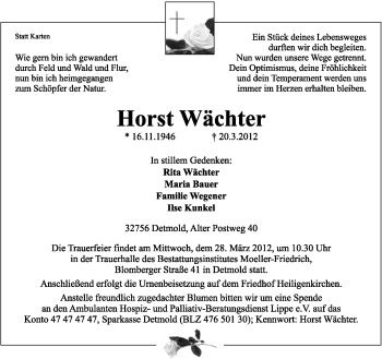 Anzeige  Horst Wächter  Lippische Landes-Zeitung