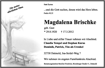 Anzeige  Magdalena Brischke  Lippische Landes-Zeitung