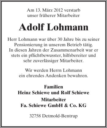 Anzeige  Adolf Lohmann  Lippische Landes-Zeitung
