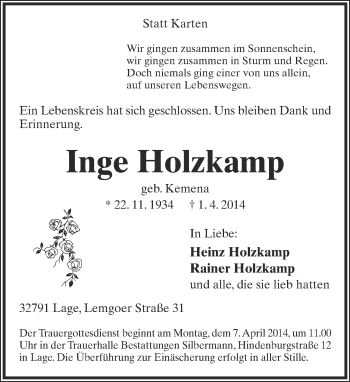 Anzeige  Inge Holzkamp  Lippische Landes-Zeitung