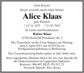 Anzeige  Alice Klaas  Lippische Landes-Zeitung