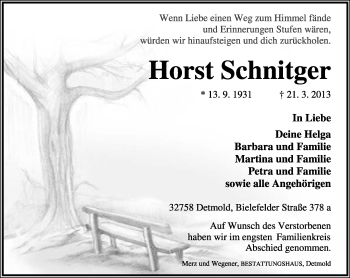 Anzeige  Horst Schnitger  Lippische Landes-Zeitung