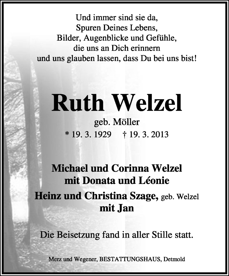  Traueranzeige für Ruth Welzel vom 29.03.2013 aus Lippische Landes-Zeitung