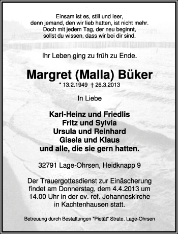 Anzeige  Margret Büker  Lippische Landes-Zeitung