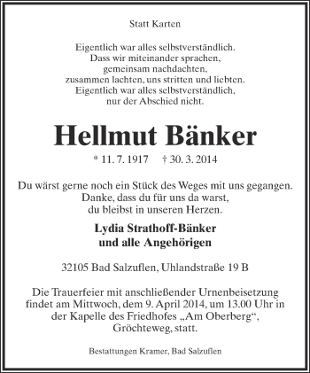 Anzeige  Hellmut Bänker  Lippische Landes-Zeitung