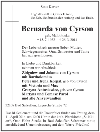 Anzeige  Bernarda  von Cyrson  Lippische Landes-Zeitung
