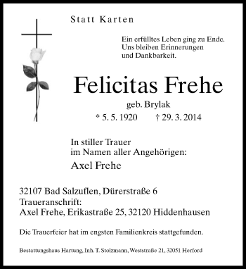 Anzeige  Felicitas Frehe  Lippische Landes-Zeitung