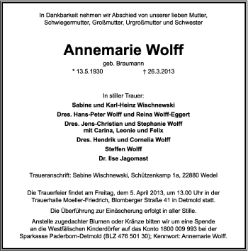 Anzeige  Annemarie Wolff  Lippische Landes-Zeitung
