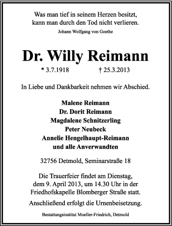 Anzeige  Willy Reimann  Lippische Landes-Zeitung