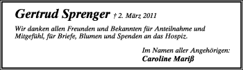 Anzeige  Gertrud Sprenger  Lippische Landes-Zeitung