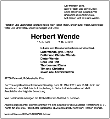 Anzeige  Herbert Wende  Lippische Landes-Zeitung