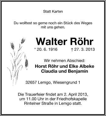 Anzeige  Walter Röhr  Lippische Landes-Zeitung