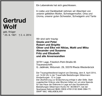 Anzeige  Gertrud Wolf  Lippische Landes-Zeitung