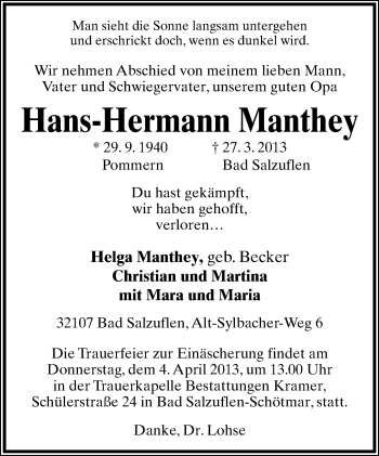 Anzeige  Hans-Hermann Manthey  Lippische Landes-Zeitung