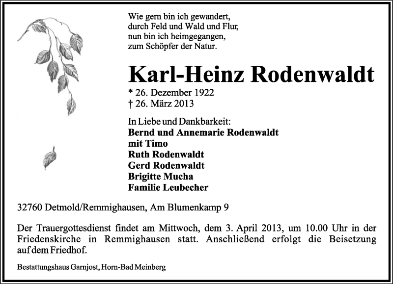  Traueranzeige für Karl-Heinz Rodenwaldt vom 29.03.2013 aus Lippische Landes-Zeitung