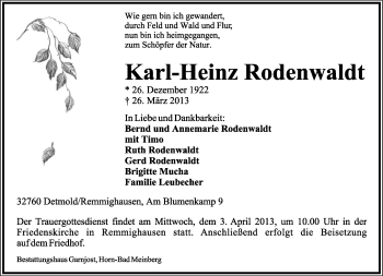 Anzeige  Karl-Heinz Rodenwaldt  Lippische Landes-Zeitung