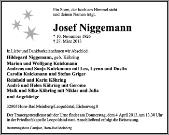 Anzeige  Josef Niggemann  Lippische Landes-Zeitung