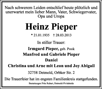 Anzeige  Heinz Pieper  Lippische Landes-Zeitung