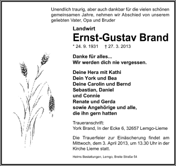 Anzeige  Ernst-Gustav Brand  Lippische Landes-Zeitung