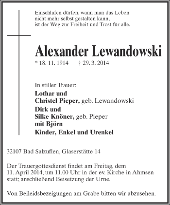 Anzeige  Alexander Lewandowski  Lippische Landes-Zeitung