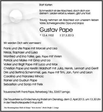 Anzeige  Gustav Pape  Lippische Landes-Zeitung
