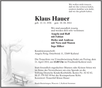 Anzeige  Klaus Hauer  Lippische Landes-Zeitung