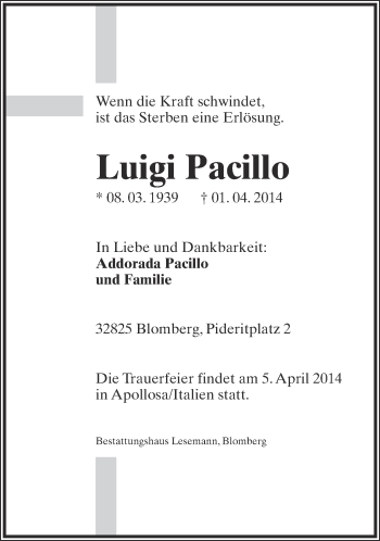 Anzeige  Luigi Pacillo  Lippische Landes-Zeitung