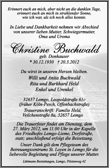 Anzeige  Christine Buchwald  Lippische Landes-Zeitung