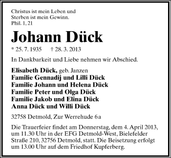Anzeige  Johann Dück  Lippische Landes-Zeitung