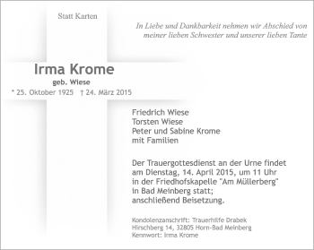 Anzeige  Irma Krome  Lippische Landes-Zeitung