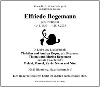Anzeige  Elfriede Begemann  Lippische Landes-Zeitung