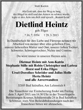 Anzeige  Dietlind Heintz  Lippische Landes-Zeitung