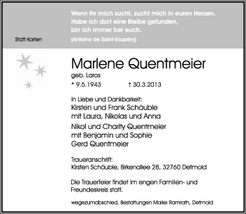 Anzeige  Marlene Quentmeier  Lippische Landes-Zeitung