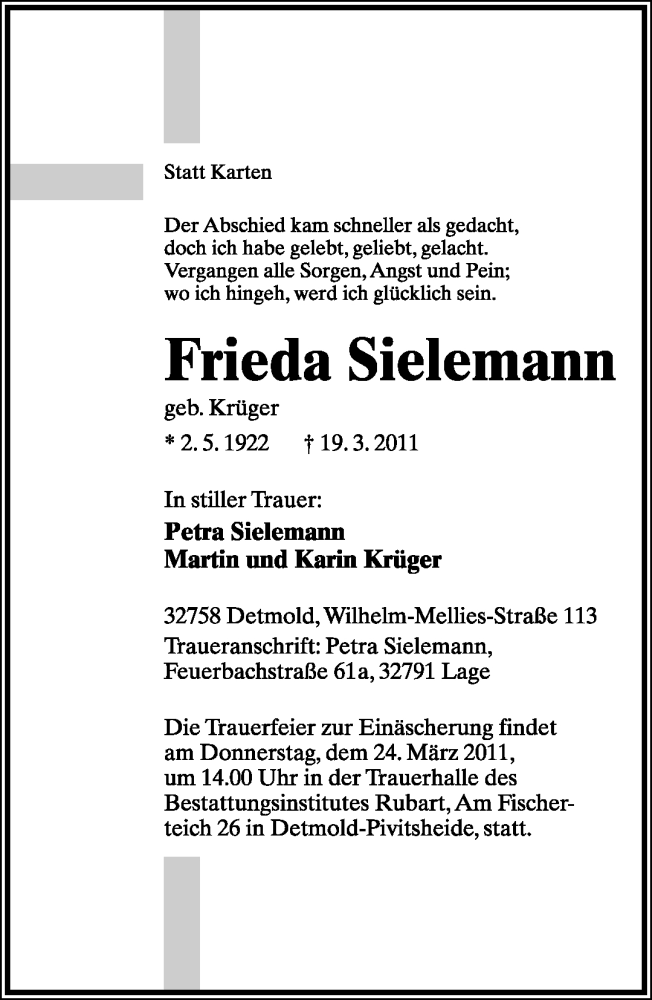  Traueranzeige für Frieda Sielemann vom 21.03.2011 aus Lippische Landes-Zeitung