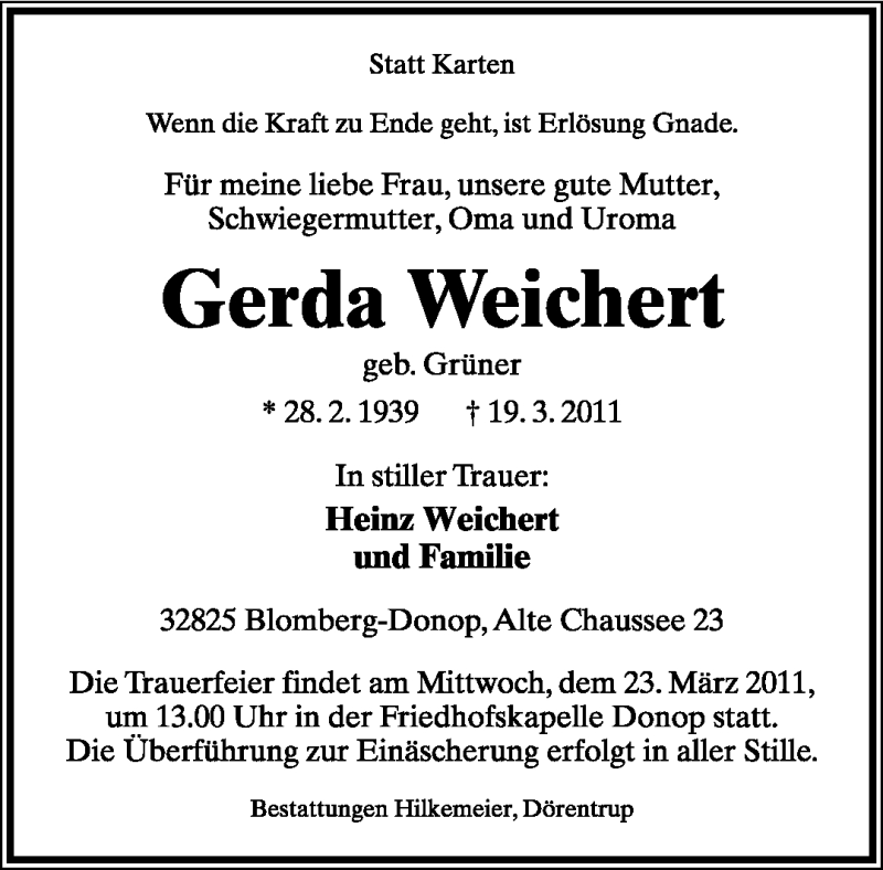  Traueranzeige für Gerda Weichert vom 21.03.2011 aus Lippische Landes-Zeitung