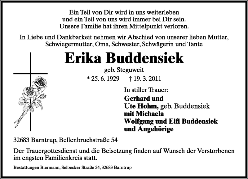  Traueranzeige für Erika Buddensiek vom 21.03.2011 aus Lippische Landes-Zeitung