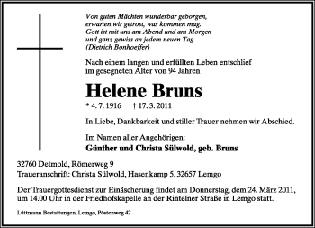 Anzeige  Helene Bruns  Lippische Landes-Zeitung