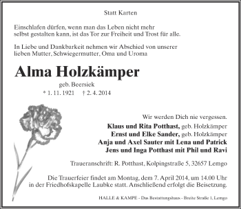 Anzeige  Alma Holzkämper  Lippische Landes-Zeitung