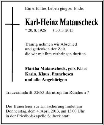 Anzeige  Karl-Heinz Matauscheck  Lippische Landes-Zeitung